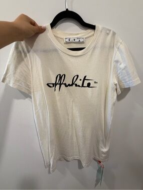 Off-White Cream and Black Logo Tee with QR Tag